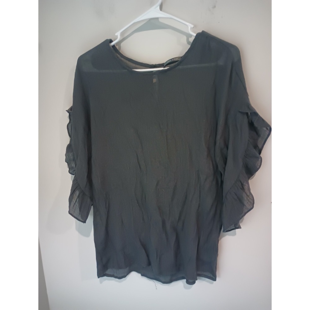 Doe & Rae Black Ruffle Top M Sheer Whimsigoth Dark Academia Flutter Sleeve...